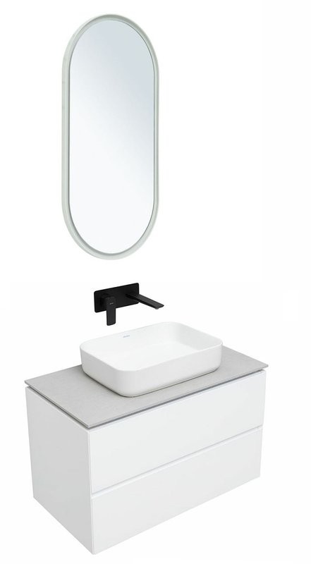 Тумба под раковину со столешницей Allen Brau Infinity 85 подвесная, белый матовый, столешница серый структ