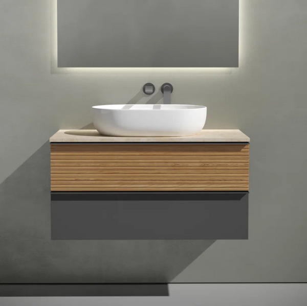 Тумба с раковиной Sancos Delta 100 см, дуб красный, графит, столешница бежевая, раковина CN6047