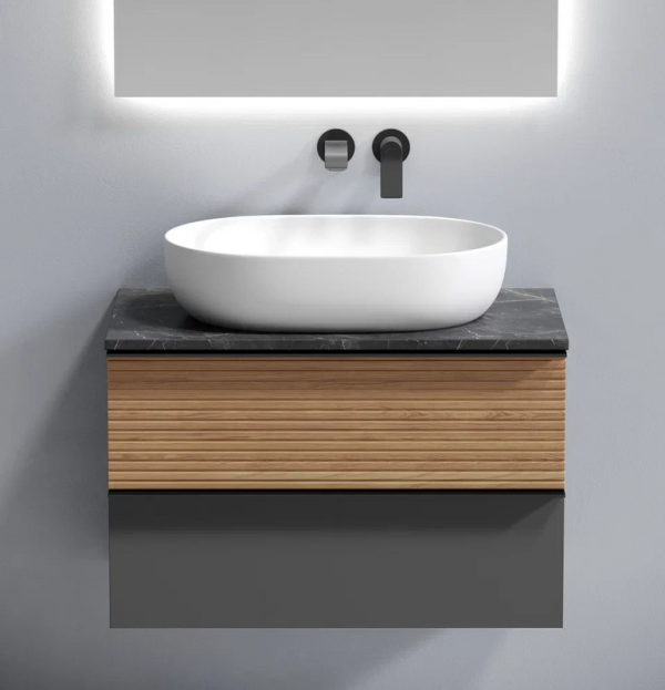 Тумба под раковину со столешницей Sancos Delta 80 дуб красный, графит, столешница черный мрамор