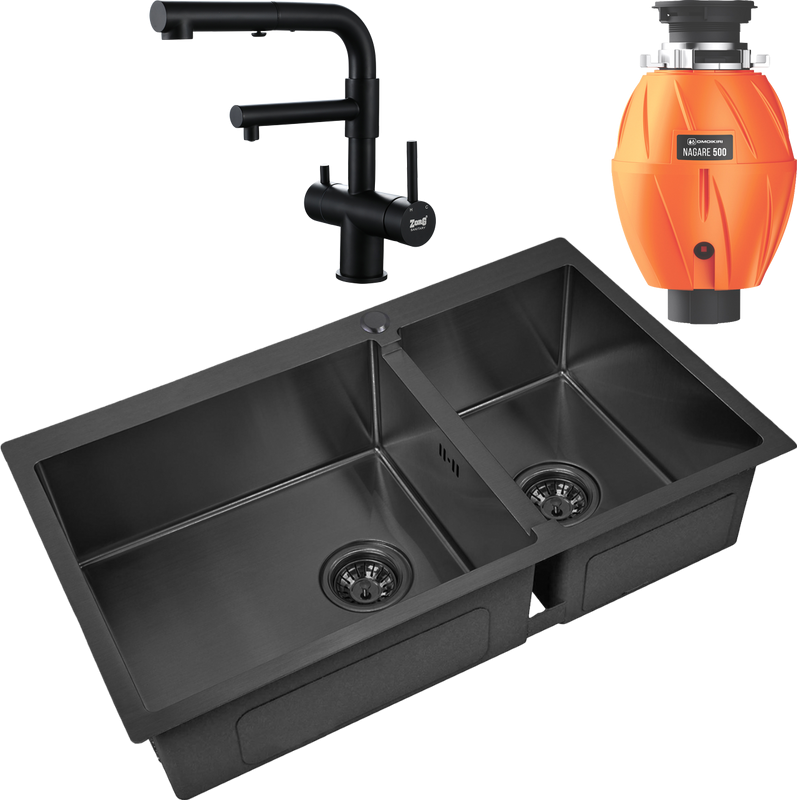 Комплект Мойка Zorg Inox PVD 78-2-51 L grafit + Смеситель Sanitary SZR-3216 Grafit графит + Измельчитель Omoikiri Nagare 500