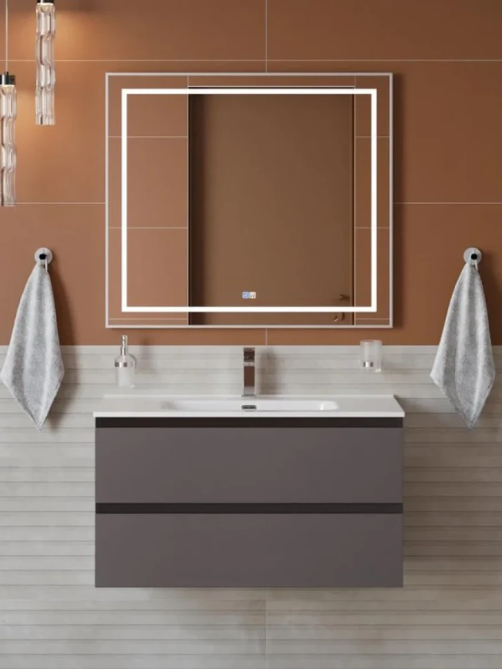 Мебель для ванной комнаты BelBagno Kraft 100 подвесная, матовая темно-серая, раковина bb1000etl