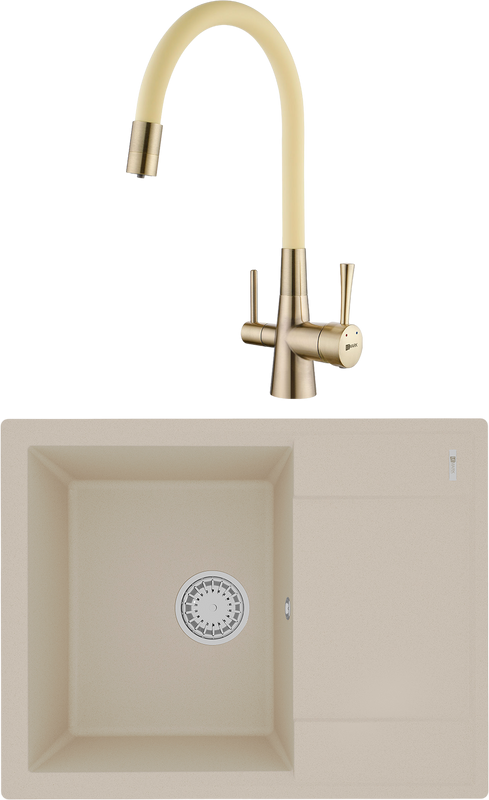 Комплект Мойка Lemark Imandra 640 9910020 бежевая + Смеситель Comfort LM3075B-Beige с гибким изливом, бронза, бежевый