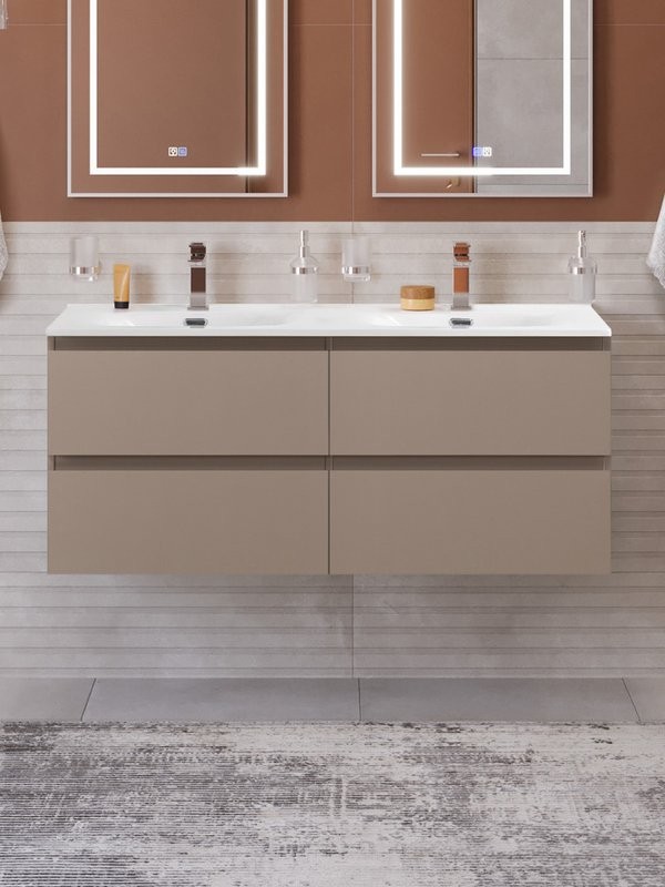 Тумба с раковиной BelBagno Kraft 120 подвесная, матовая бежевая, раковина bb-8099-120-2, для двоих