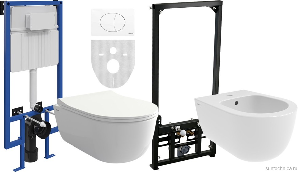 Комплект Унитаз подвесной BOCCHI V-Tondo Rimless 1417-001-0129 белый глянцевый + Крышка A0336-001 с микролифтом, глянцевая белая + Инсталляция STWORKI + Кнопка 230824 белая + Биде + Инсталляция AlcaPlast A105 /1120