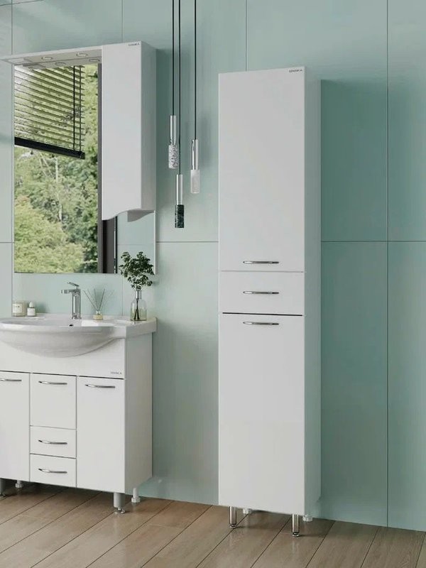 Шкаф-пенал для ванной Onika Модерн 36 левый с бельевой корзиной, белый