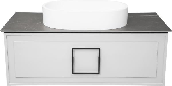 Тумба с раковиной La Fenice Cubo 100 подвесная, bianco, ручка черная, столешница черный мрамор, раковина матовая белая