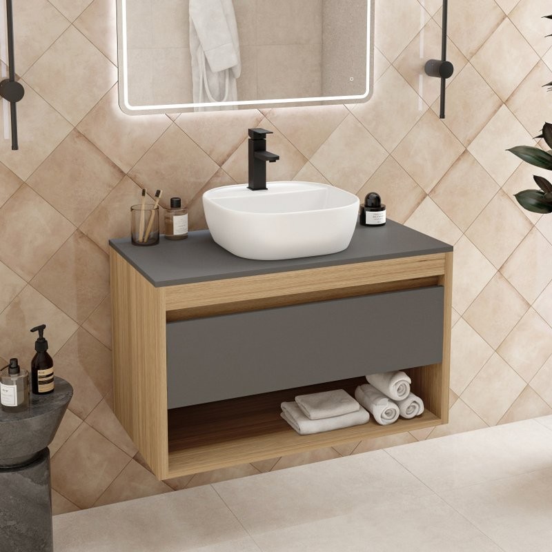 Тумба с раковиной Teymi Ritta 85 дуб эврика, матовый графит, раковина Solli 40
