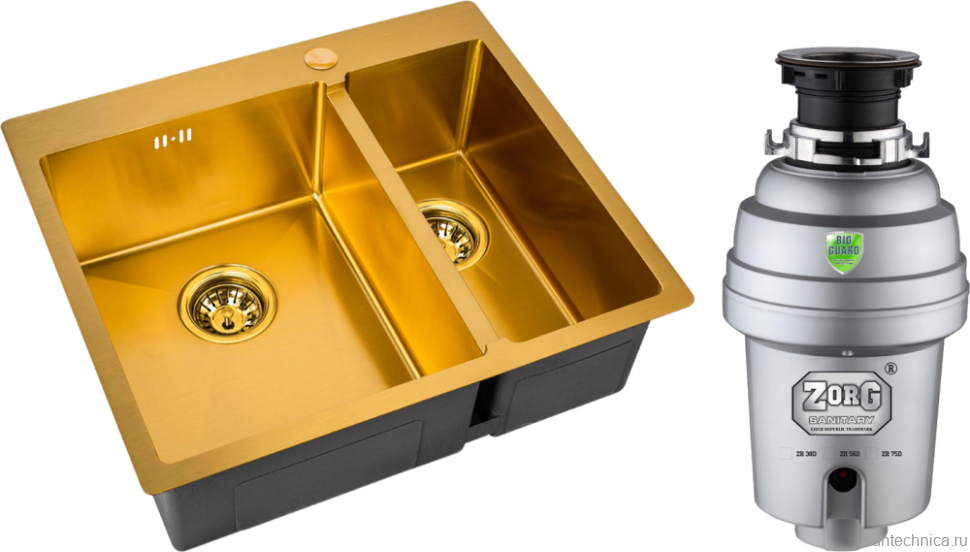Комплект Мойка Zorg Inox PVD SZR-59-2-51-L BRONZE L, бронза + Измельчитель Inox D
