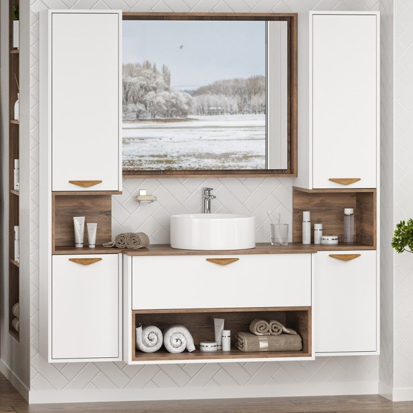 Мебель для ванной комнаты Brevita Bergen 90 подвесная, с подсветкой, дуб галифакс олово, белый