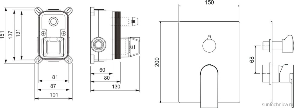 Встраиваемый смеситель для душа и ванны AQUATEK Лира AQ1446CR С ВНУТРЕННЕЙ ЧАСТЬЮ, хром