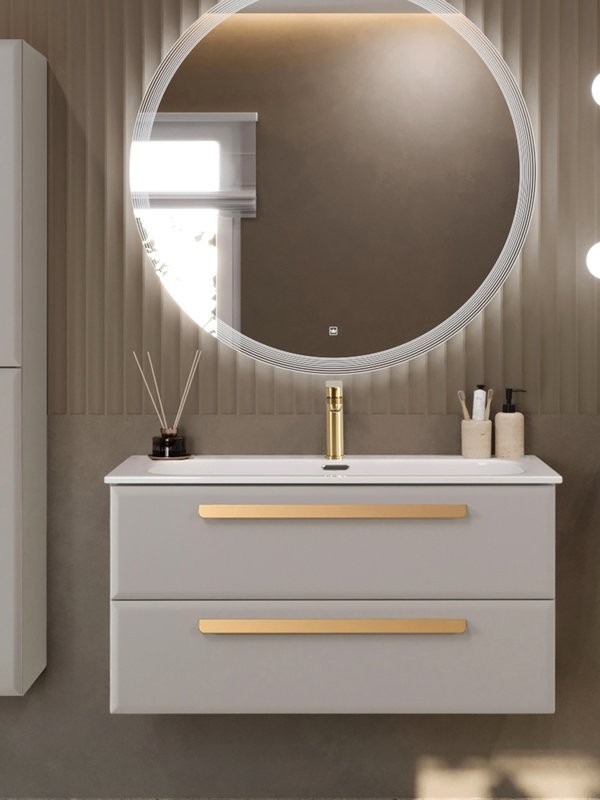 Тумба с раковиной Cezares Eco-Cer-N 100 серо-бежевая матовая, раковина CZR-8073-100, ручки сатиновое золото