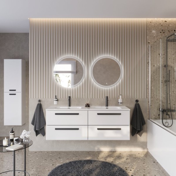 Мебель для ванной комнаты Cezares Eco Cer-N 140 4 ящика, bianco lucido, раковина Duet 140, двойная, ручки матовые черные