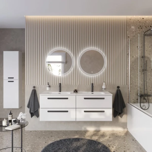 Мебель для ванной комнаты Cezares Eco Cer-N 140 4 ящика, bianco lucido, раковина Duet 140, двойная, ручки матовые черные
