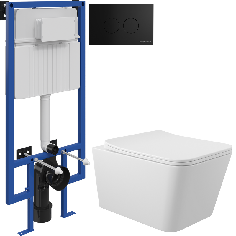 Комплект Унитаз подвесной Aqueduto Macio MAC0110 безободковый, с микролифтом, белый глянцевый + Инсталляция STWORKI + Кнопка Хельсинки 500471 черная матовая