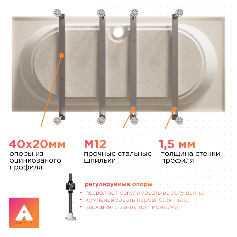 Акриловая ванна Radomir Вальс Ангосто 180x80 см, встраиваемая, белая, на ножках