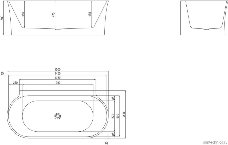 Акриловая ванна BelBagno BB409-1500-800 150x80 см, пристенная, белая, овальная, со сливом-переливом