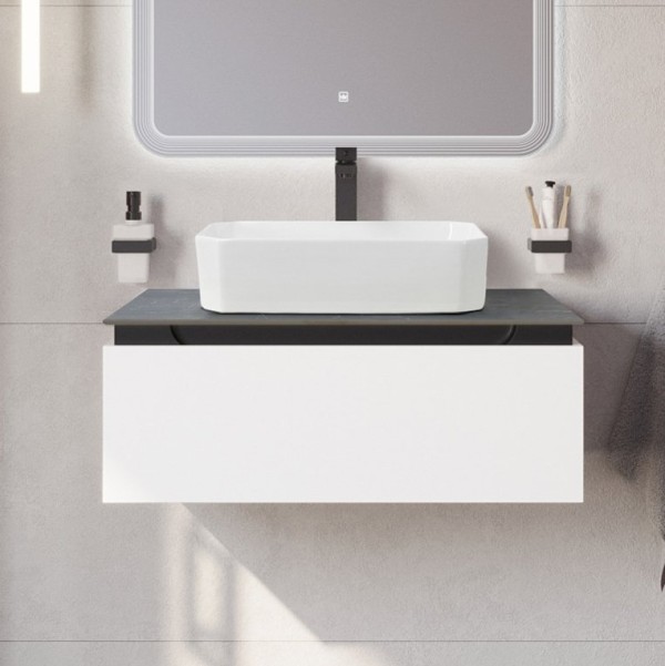 Тумба с раковиной Cezares Slider 80 подвесная, 1 ящик, bianco opaco, со столешницей marmo nero opaco