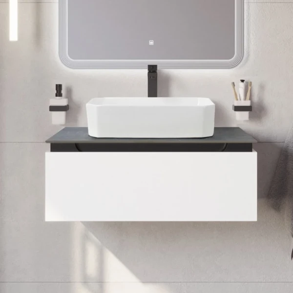 Тумба с раковиной Cezares Slider 80 подвесная, 1 ящик, bianco opaco, со столешницей marmo nero opaco