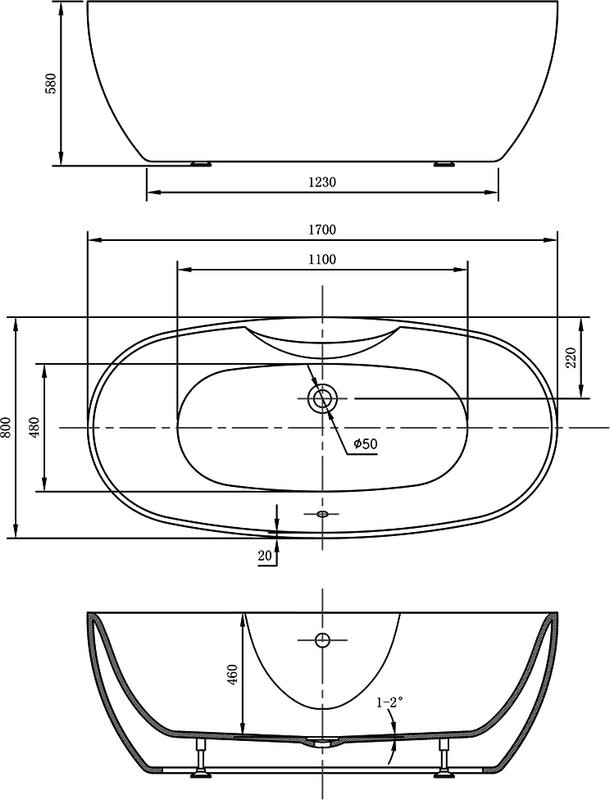 Акриловая ванна Vincea VBT-405B-1700 170x80 см, отдельностоящая, белая, овальная, с каркасом, со сливом-переливом