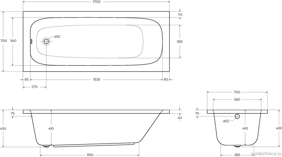 Акриловая ванна Cezares Eco 170x70 см, пристенная, белая, на ножках
