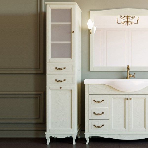 Шкаф пенал для ванной ValenHouse Эллина 40 L с бельевой корзиной, слоновая кость, фурнитура бронза