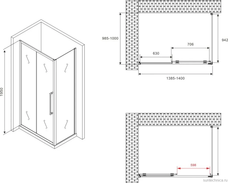 Душевой уголок Abber Schwarzer Diamant AG30140BH-S100B 140х100, профиль черный, стекло прозрачное