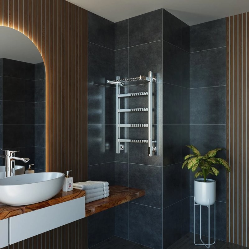 Полотенцесушитель электрический Grota Lore 430х800 NP EL 80x45 см, подключение справа, слева, скрытое подключение справа, глянцевый хром, лесенка, с полкой