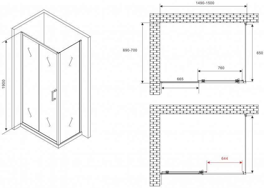 Душевой уголок Abber Schwarzer Diamant AG30150B5-S70B5 150x70, профиль черный, стекло прозрачное