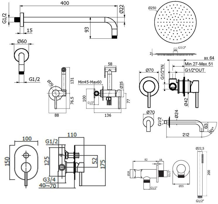 Комплект для ванной Plumberia Selection Ixo KITZXO15NO210 С ВНУТРЕННЕЙ ЧАСТЬЮ, черный матовый
