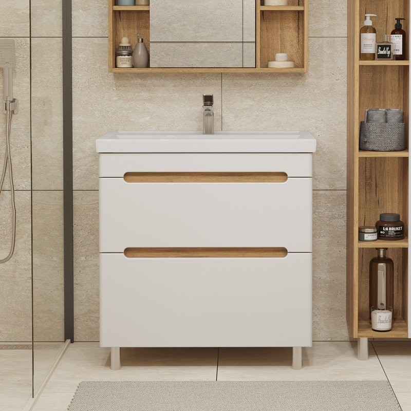 Тумба с раковиной SanStar Diva 70 напольная, матовая белая, дуб вотан, раковина Фостер 70