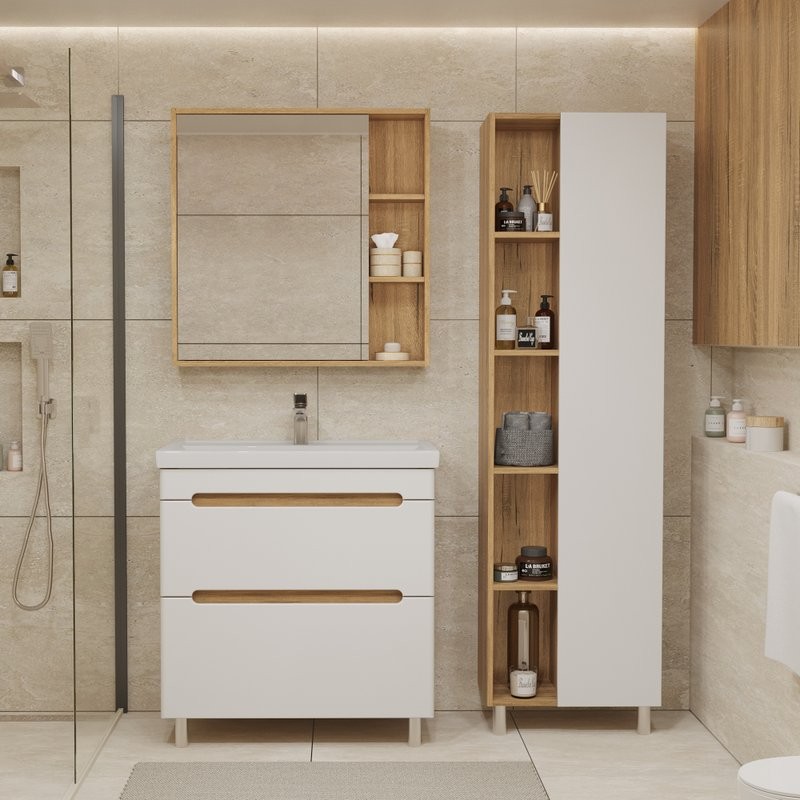 Тумба с раковиной SanStar Diva 70 напольная, матовая белая, дуб вотан, раковина Фостер 70