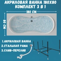 Акриловая ванна 1MarKa Dinamika Стандарт 2 180x80 см, встраиваемая, белая, с каркасом, для двоих, со сливом-переливом