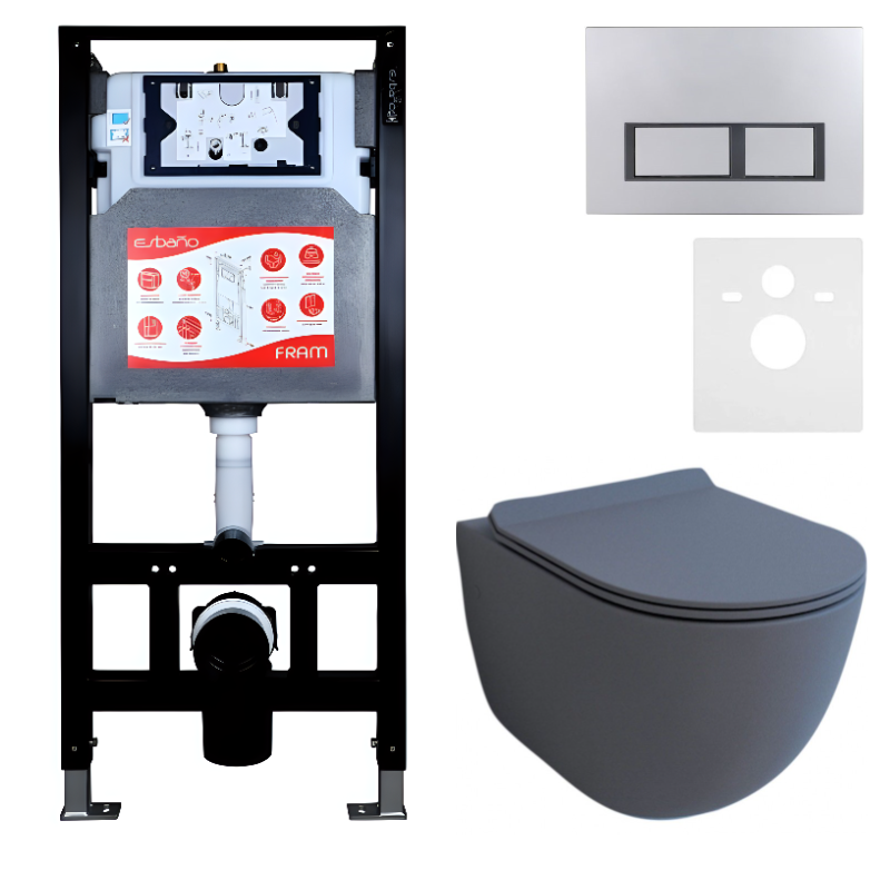 Комплект Унитаз подвесной Esbano Garcia ESUPGARCGM матовый серый + Инсталляция Fram + Кнопка ESINPRK12MC