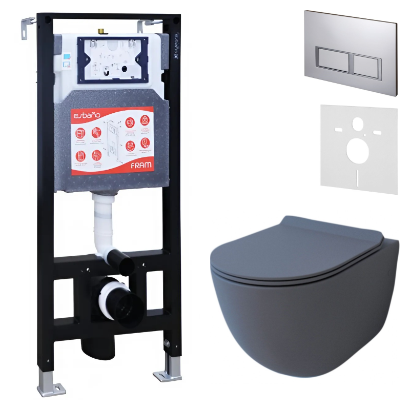 Комплект Унитаз подвесной Esbano Garcia ESUPGARCGM матовый серый + Инсталляция Fram + Кнопка ESINPRK12MC