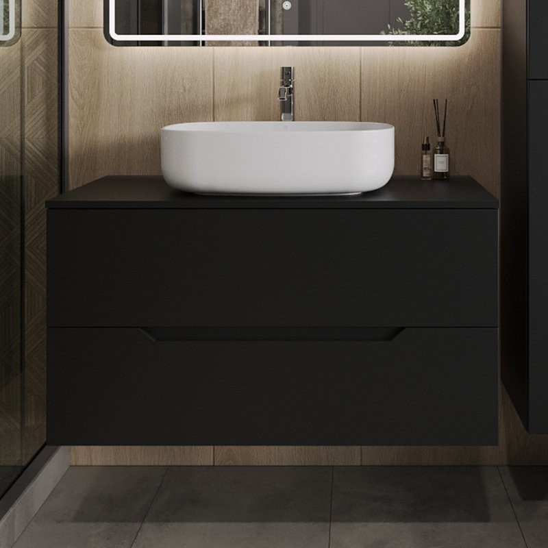 Тумба с раковиной Orange Line 100 подвесная, 2 ящика, матовая черная с раковиной B07-540W