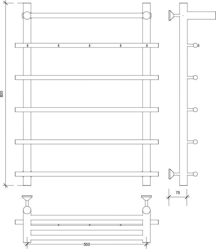 Полотенцесушитель водяной Secado Турин 1 КСП 80x55 см, матовый черный, лесенка, с полкой