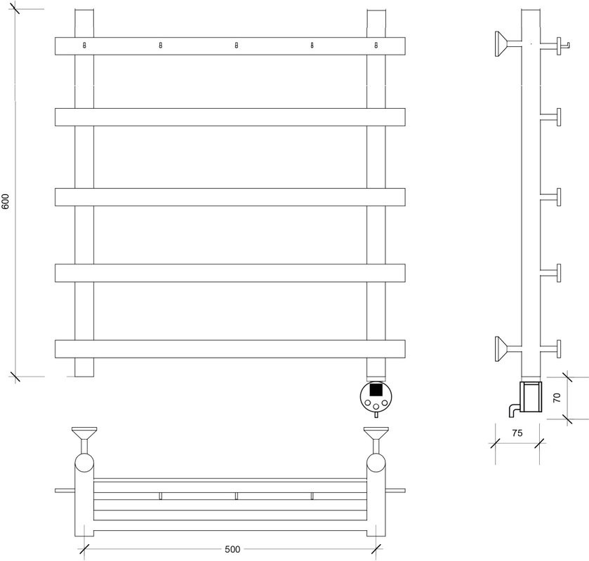 Полотенцесушитель электрический Secado Понтида 1 K, R 60x60 см, подключение справа, матовый черный, лесенка