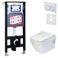 Комплект 3 в 1 Унитаз подвесной Esbano ESWBLEONWN + Инсталляция Fram + Кнопка ESINLPS10GW цвет глянцевый белый