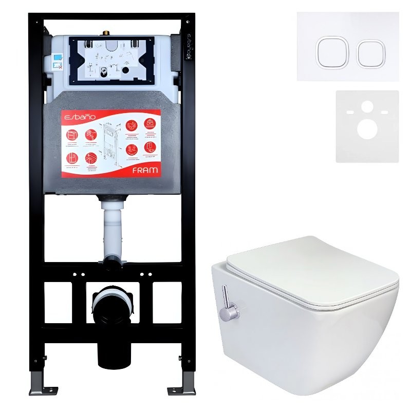 Комплект 3 в 1 Унитаз подвесной Esbano ESWBLEONWN + Инсталляция Fram + Кнопка ESINLPS10GW цвет глянцевый белый