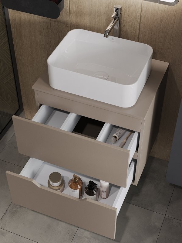 Тумба с раковиной Orange Line 60 подвесная, 2 ящика, матовый латте с раковиной B02-460W